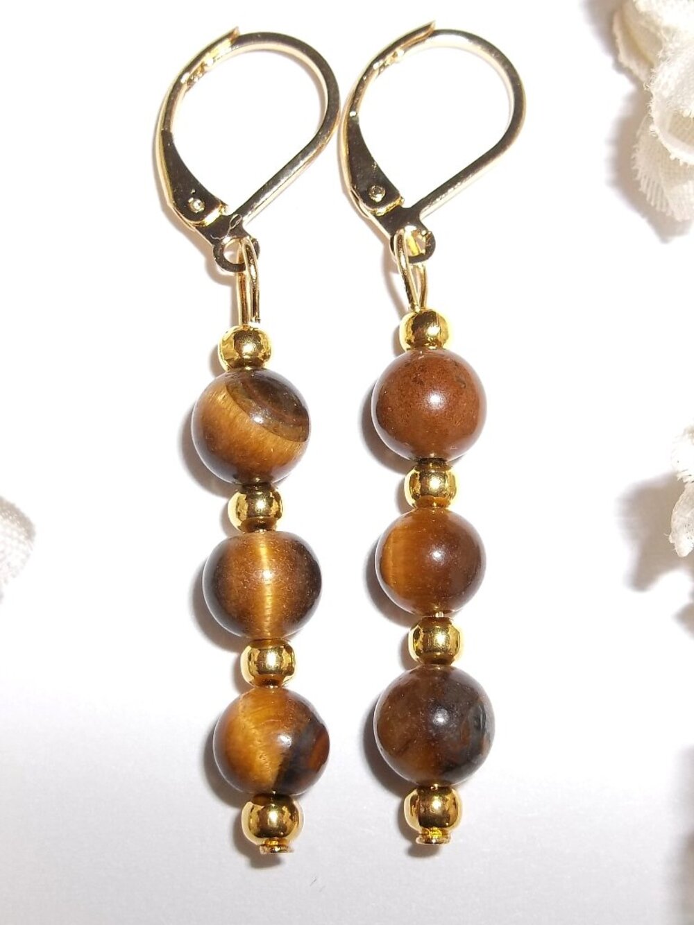 Tiger Eye Earrings Gold Dangle Drop Beaded Jewelry Gift Idea for Her Girl D9128